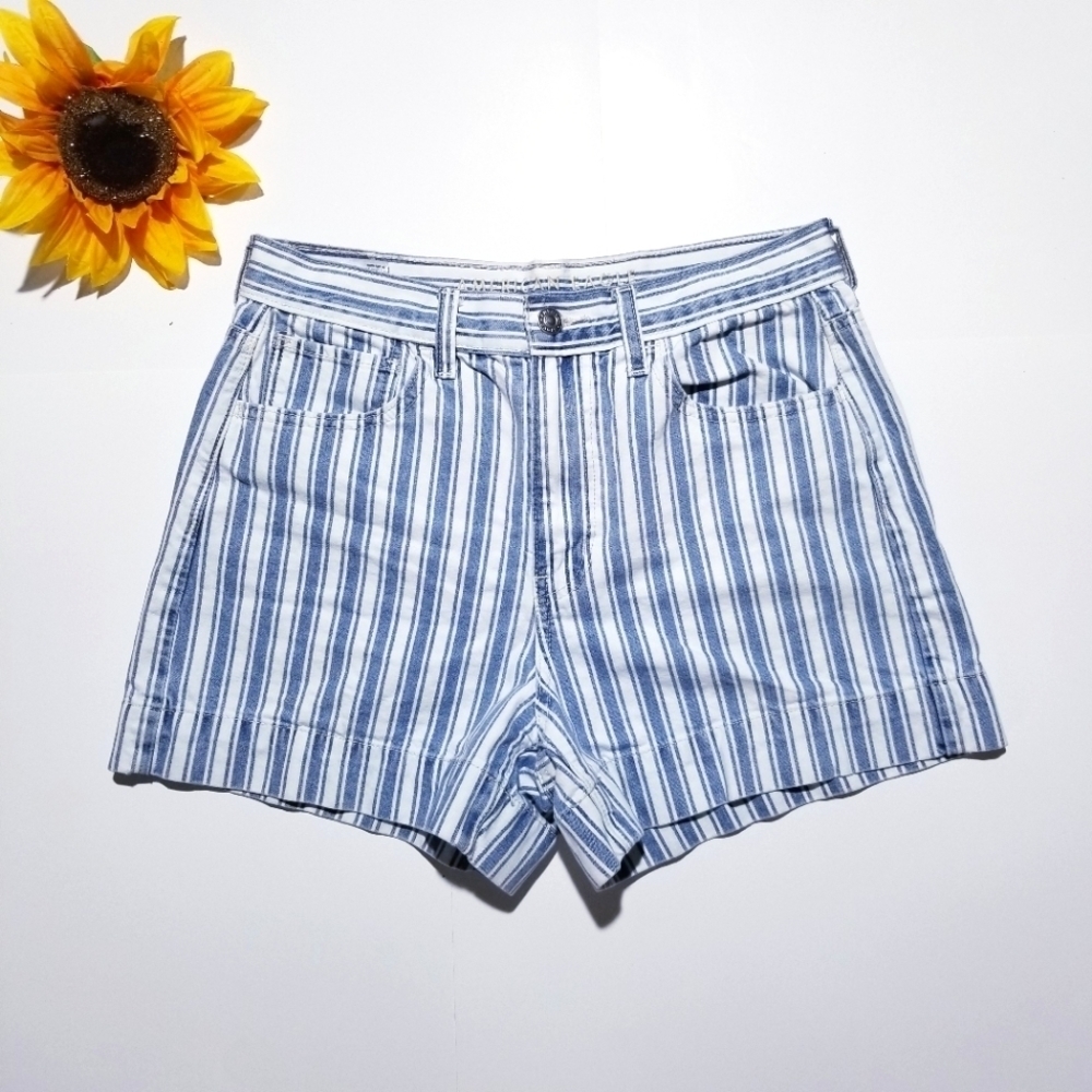 American Eagle High Rise Blue Yacht Striped Mom Shorts 6 Summer